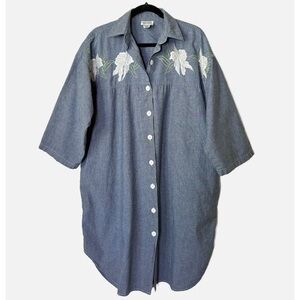 Raquel Unger Vintage Denim Chambray Embroidered Cotton Shirt Dress